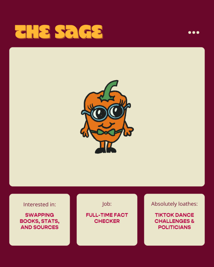 A picture of a custom sage brand archetype character with big glasses and a little bow tie
