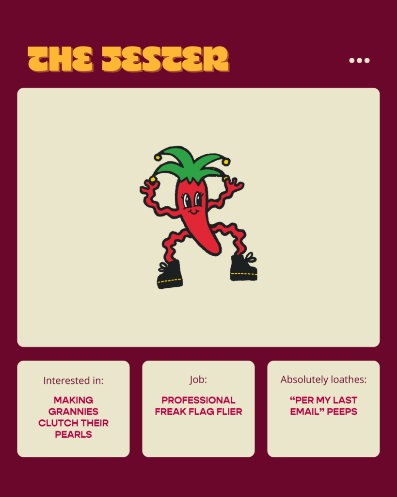 A picture of a custom jester brand archetype character wearing fun shoes and a jester hat
