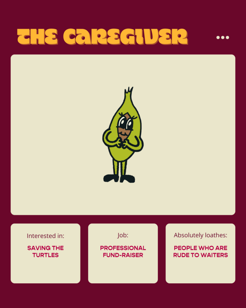 A picture of a custom caregiver brand archetype character with loving eyes